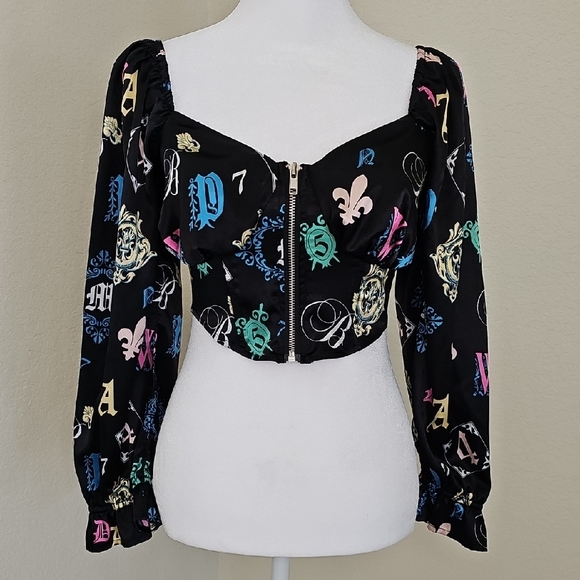 O.L.M Corset style Satin Black, Multicolor Crop Top Long Sleeve Size S - Picture 8 of 8